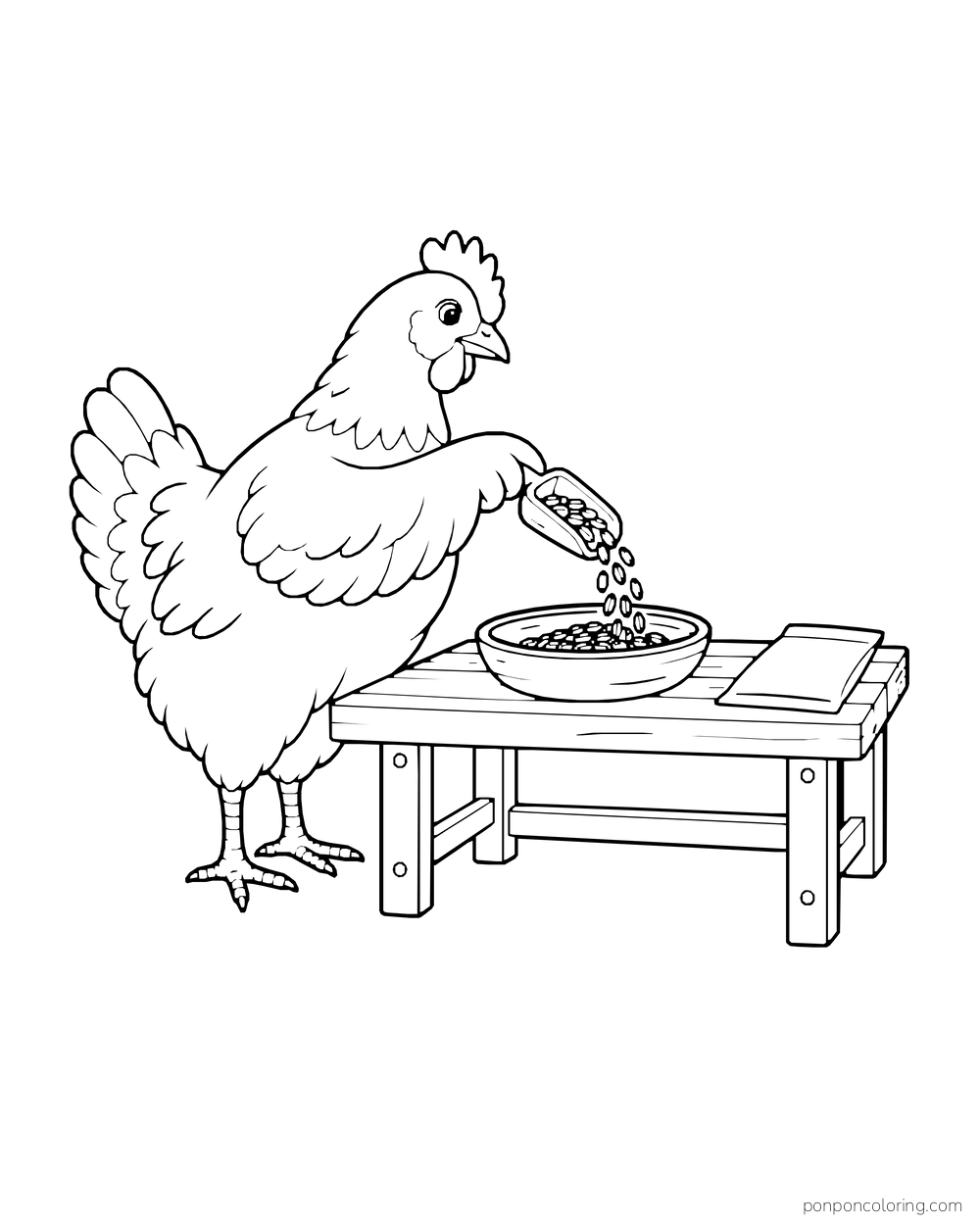 Hen tipping a small scoop of seeds into a bowl on a wooden bench