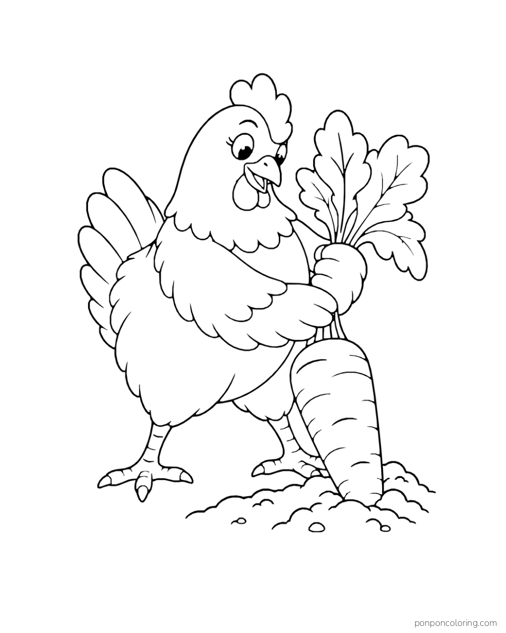 Hen gripping leafy tops while pulling one large carrot from the soil