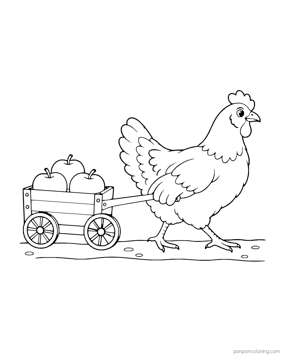 Hen pulling a small wheeled cart carrying three apples