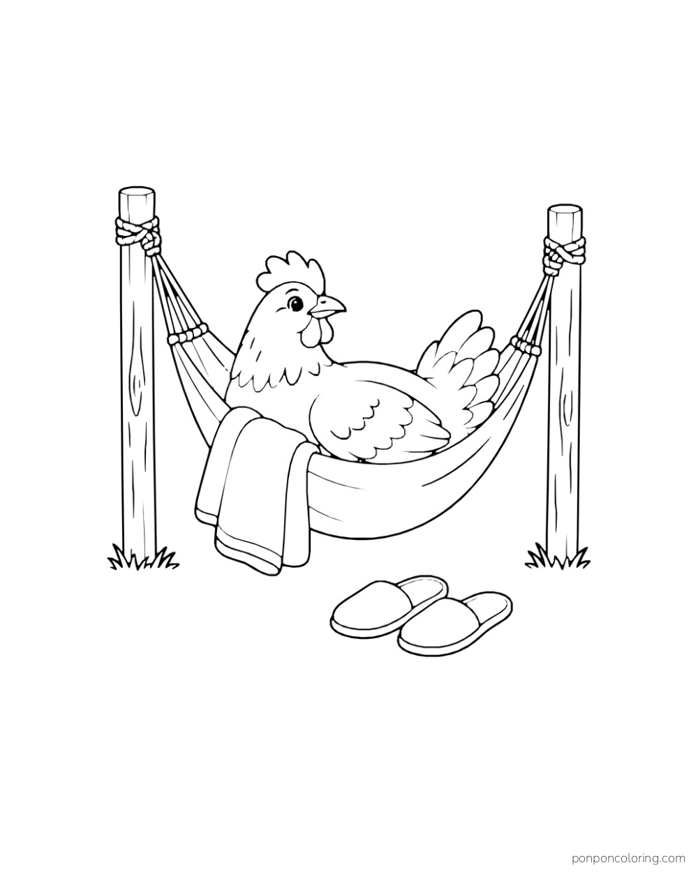 Hen reclining in a hammock between short posts with a blanket and slippers nearby