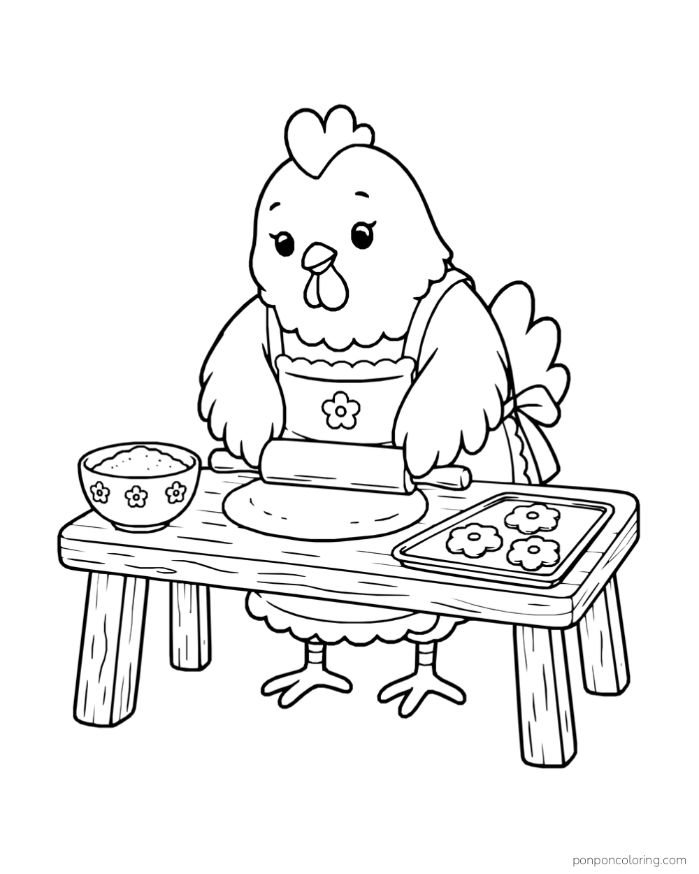 A hen in an apron rolls dough on a table beside a mixing bowl and three flower-shaped cookies.