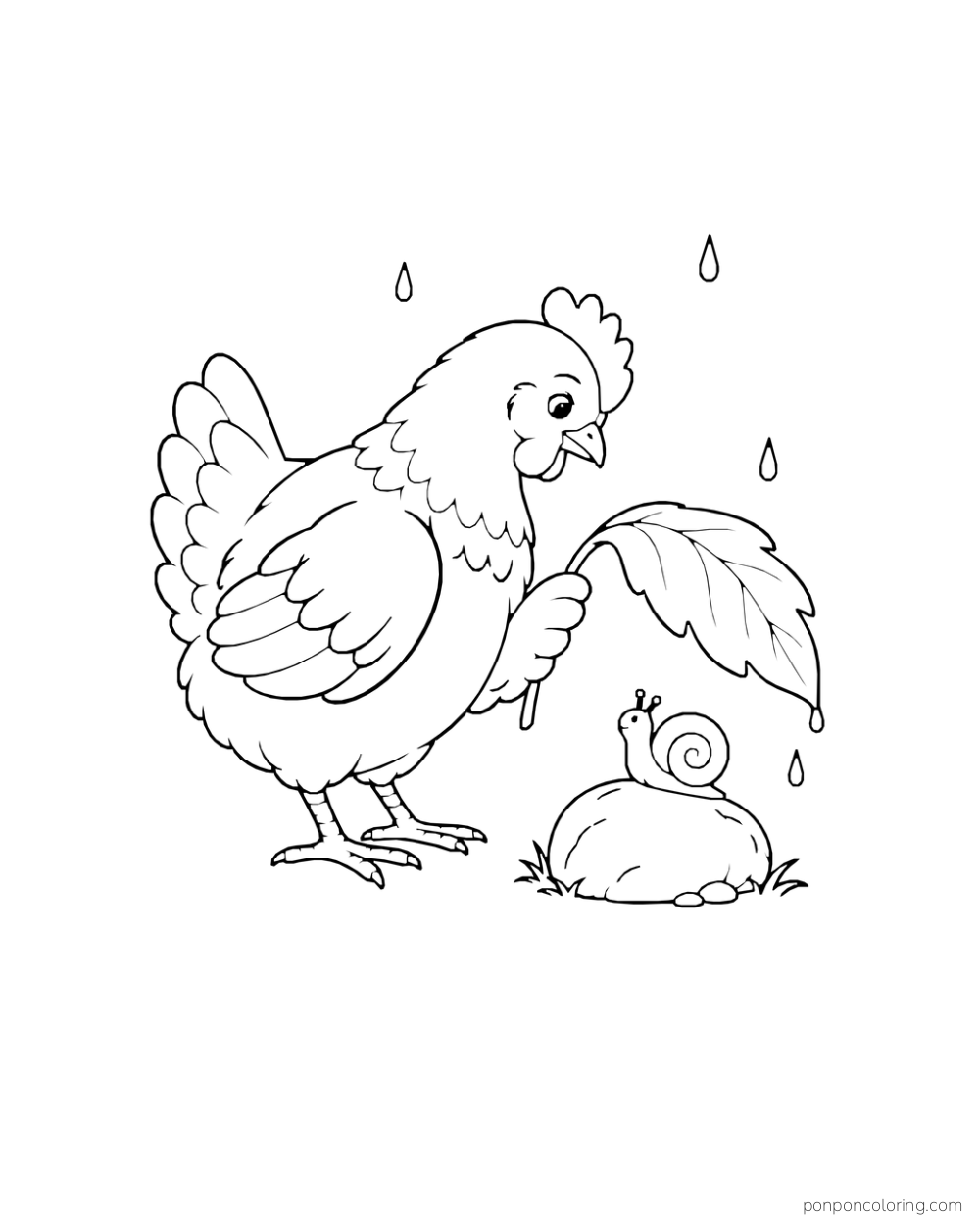 Hen holding a broad leaf over a tiny snail on a stone in light rain