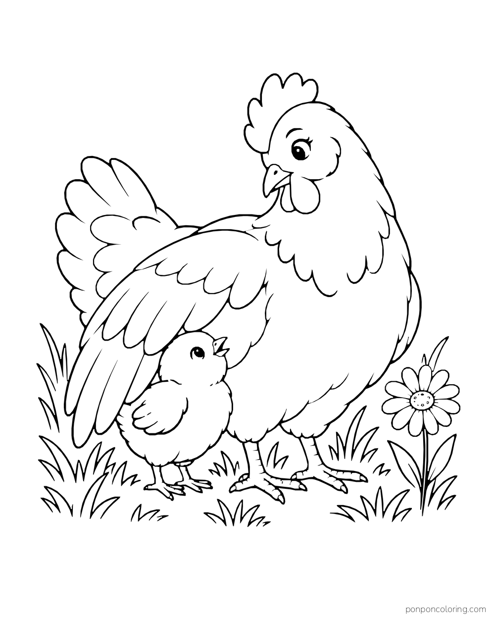 Large hen spreading one wing over a small chick beside a flower