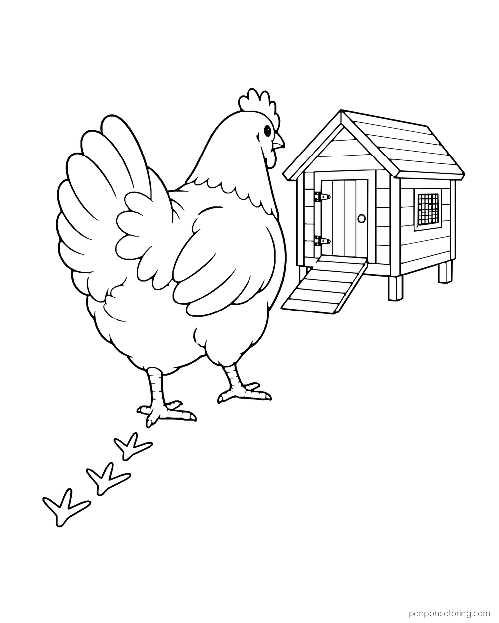 Rear view of a hen walking toward a small coop with three footprints behind her