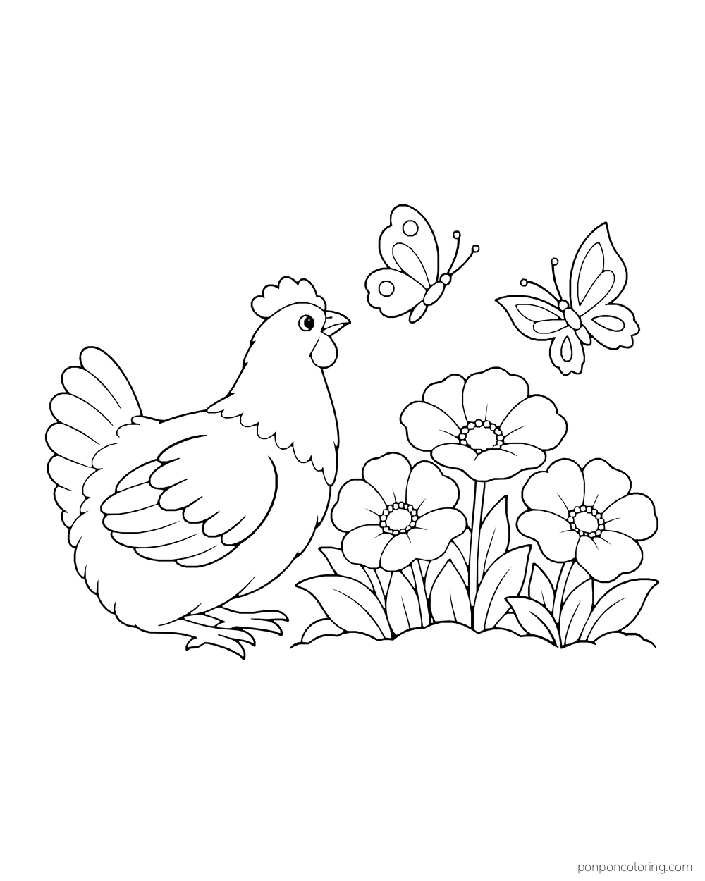 Hen beside three flowers watching two butterflies overhead