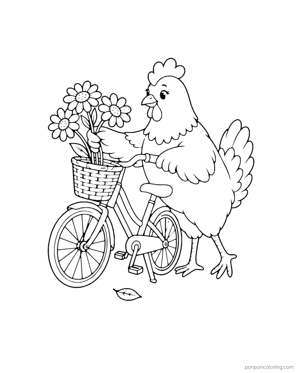 Hen standing beside a parked bicycle with flowers in its front basket