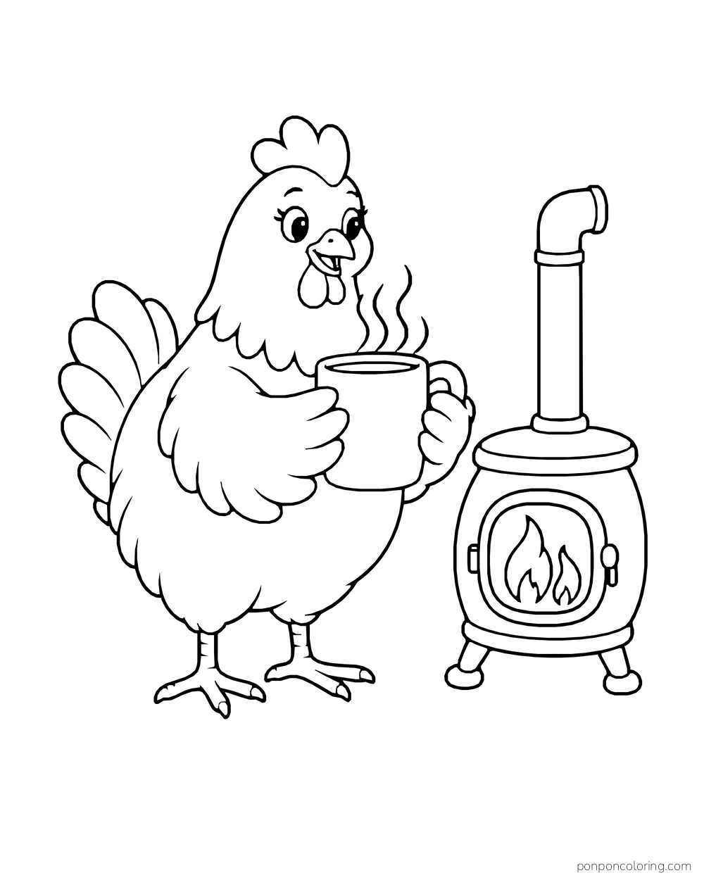 Hen holding a steaming mug next to a small freestanding stove