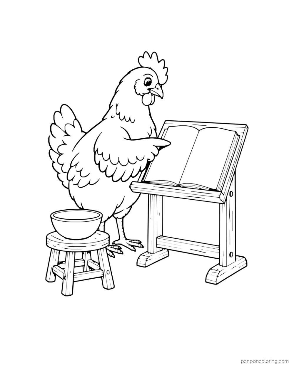 Hen pointing toward an open blank book on a low stand beside a bowl