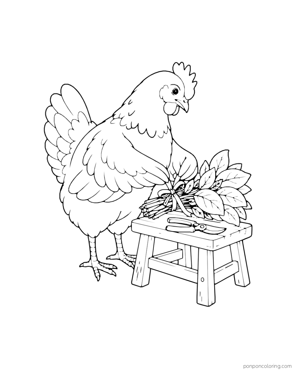 Hen beside a low stool holding leafy herbs and a pair of shears
