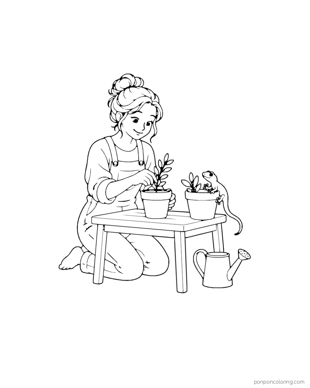 An adult plants an herb at a low table while a small gecko rests on the rim of a second pot.