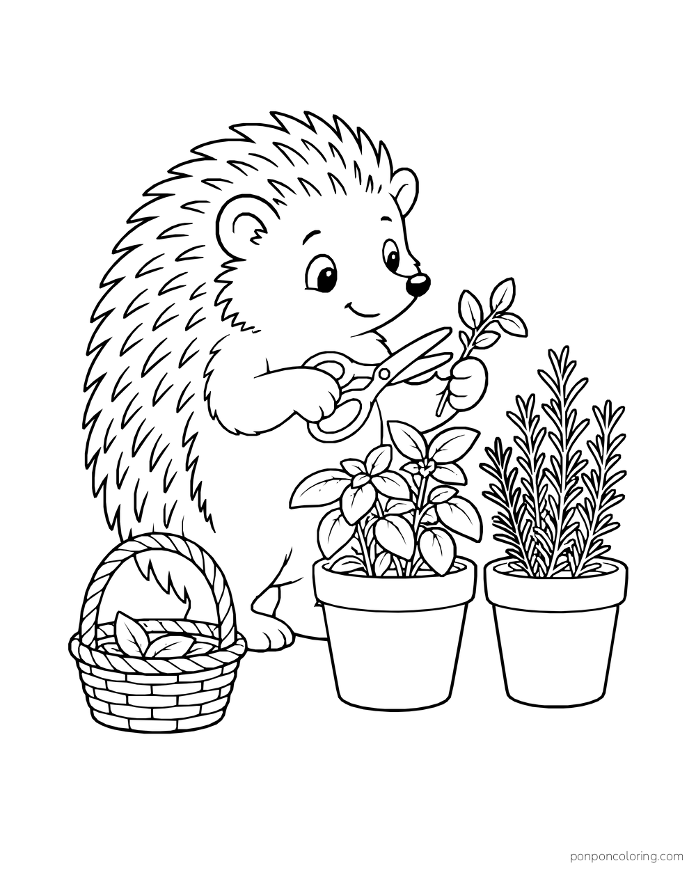 A hedgehog trims herbs from two pots beside a basket.