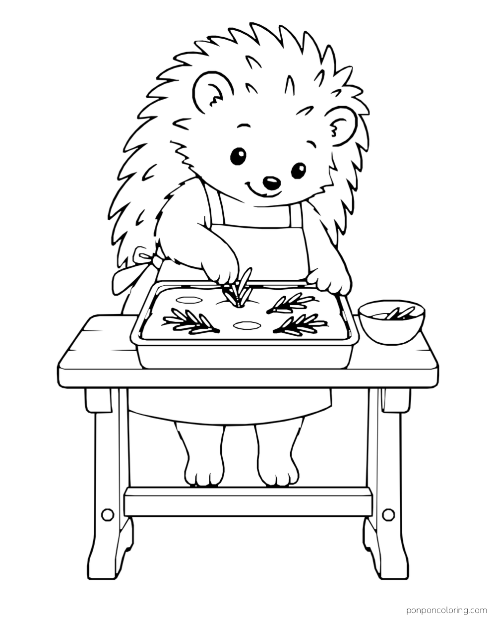 A hedgehog in an apron presses herb sprigs into a rectangular focaccia dough beside a small bowl.
