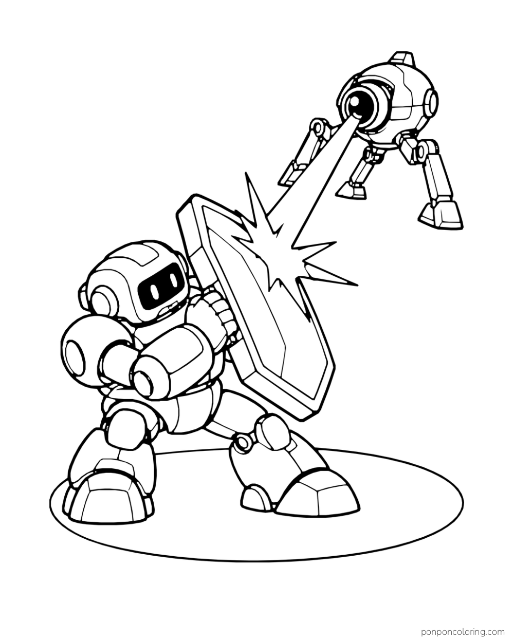 Compact mech blocks a rogue cannon beam with a hexagonal shield.