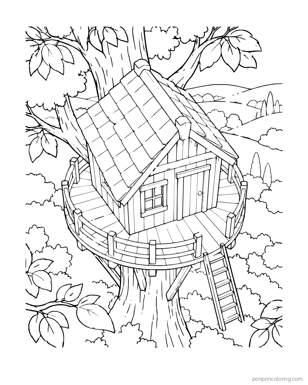 A high angled view looks across a treehouse roof and round deck around the trunk toward a field.