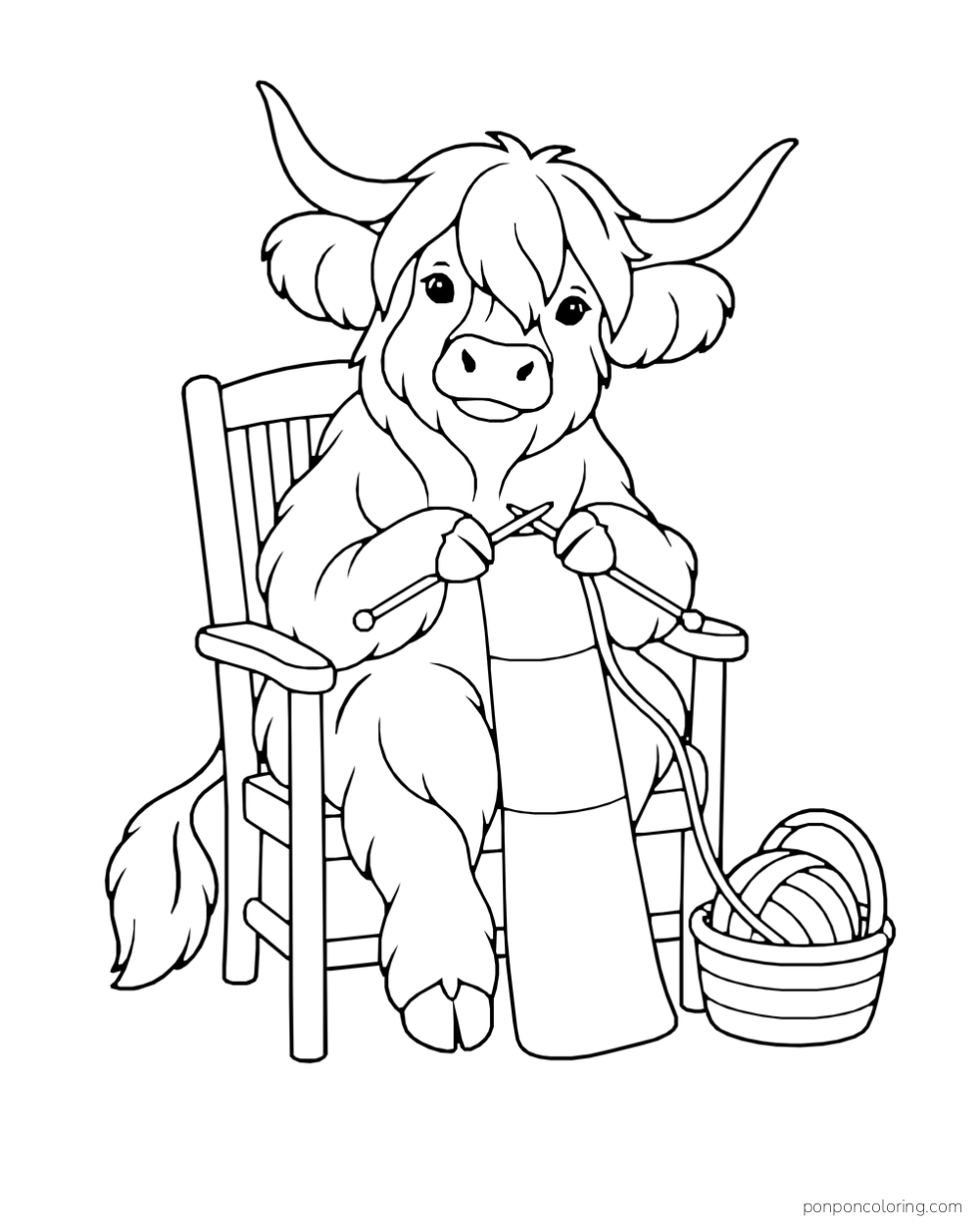 A shaggy Highland cow knits in a chair beside a basket of yarn.