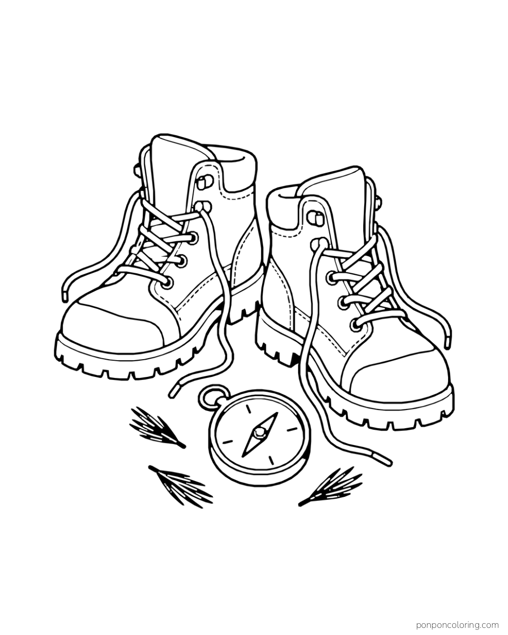 A pair of hiking boots with loose laces stands behind a round compass.