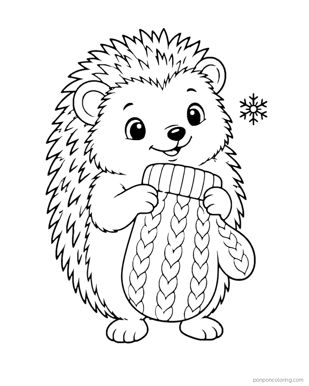 A hedgehog holds an oversized patterned knit mitten in front of its chest beside a snowflake.