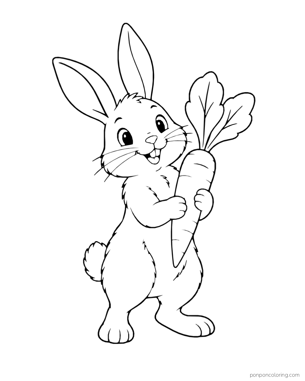 A standing rabbit holds one large leafy carrot in both paws.