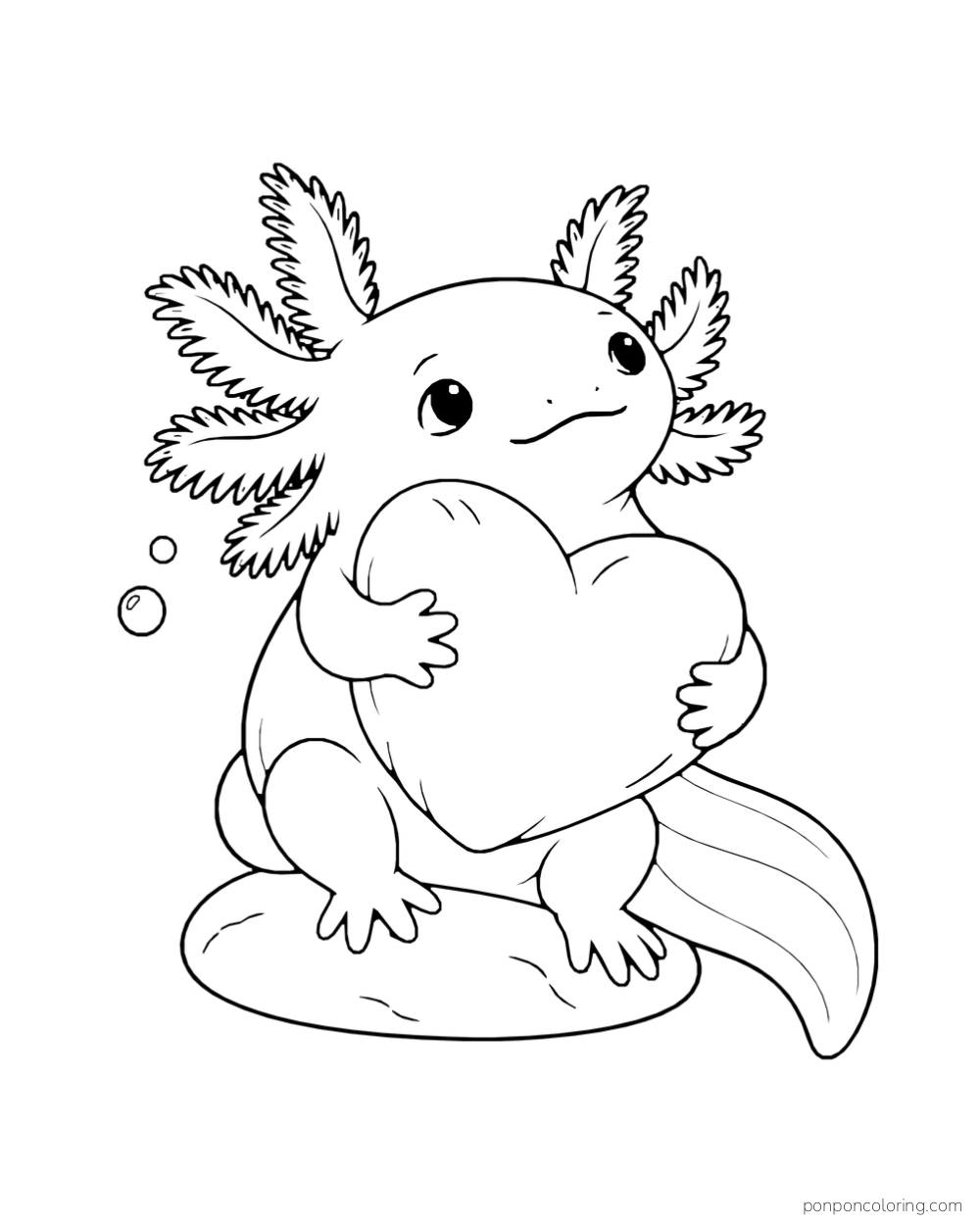 Upright axolotl holding a large heart pillow while sitting on a small rock.