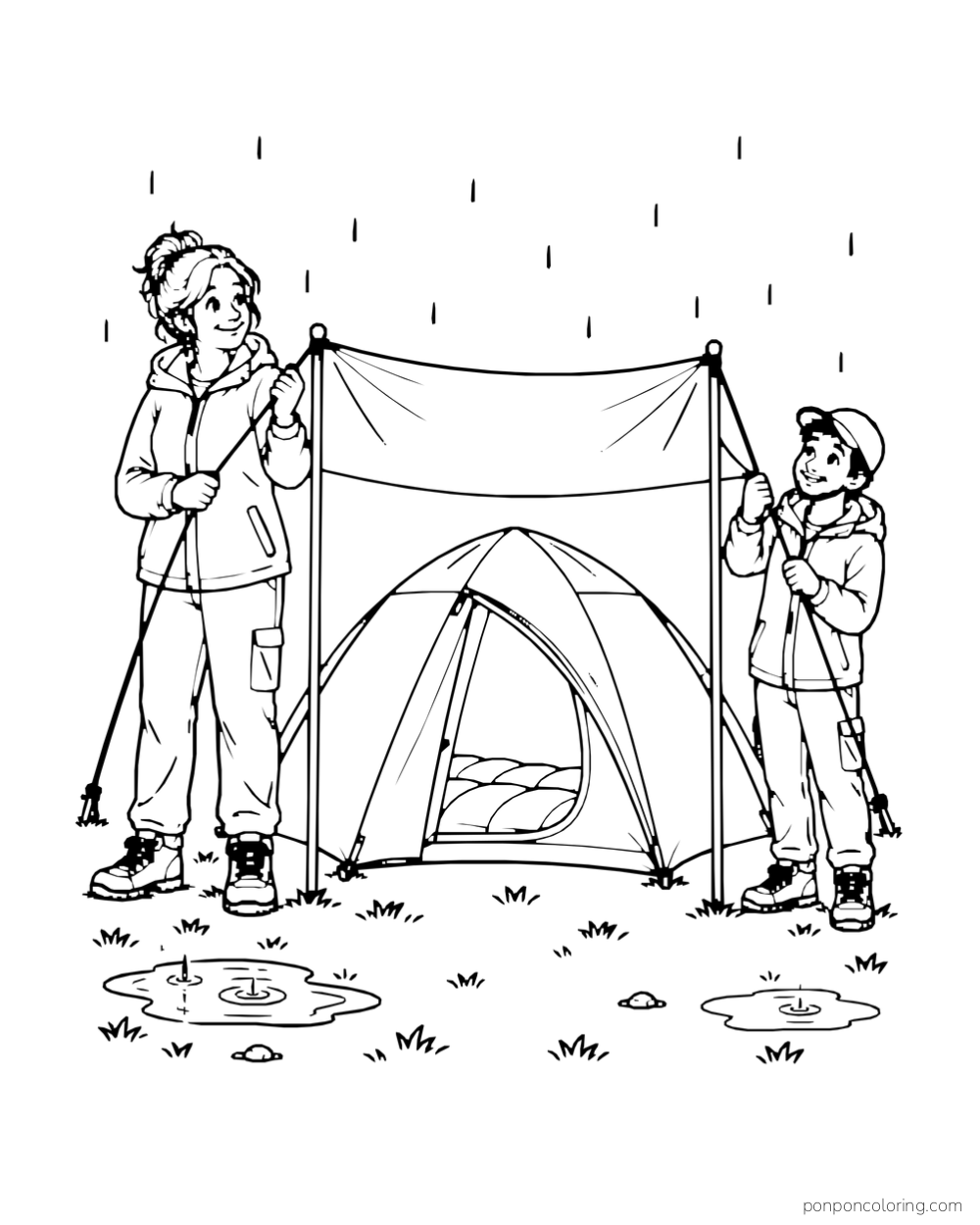 Two campers hold the edge of a tarp as light rain falls.