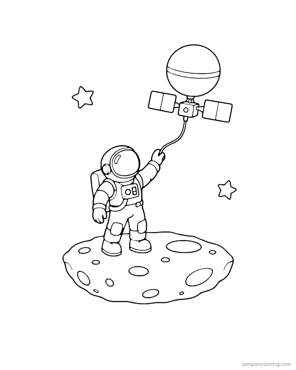 An astronaut holds a tether attached to a small floating probe.