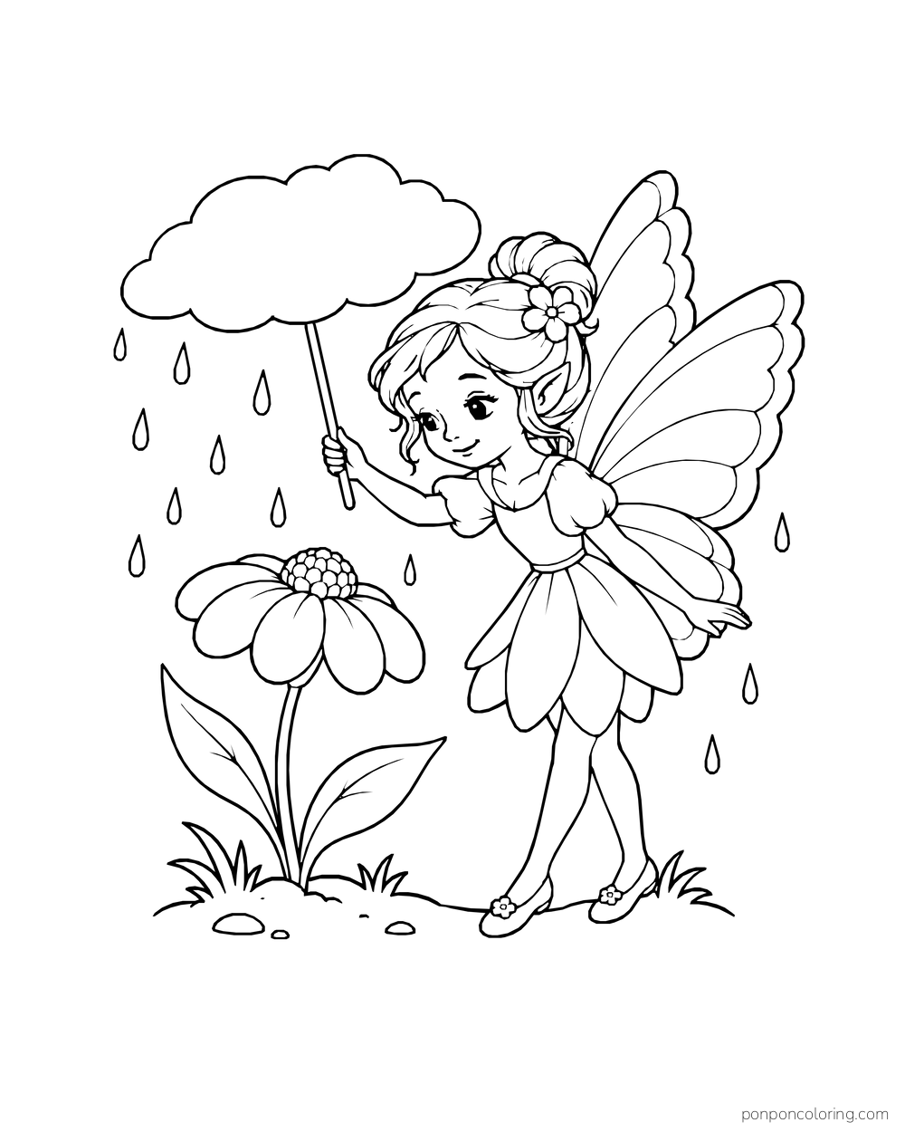 Fairy holding a small rain cloud above a flower as raindrops fall.
