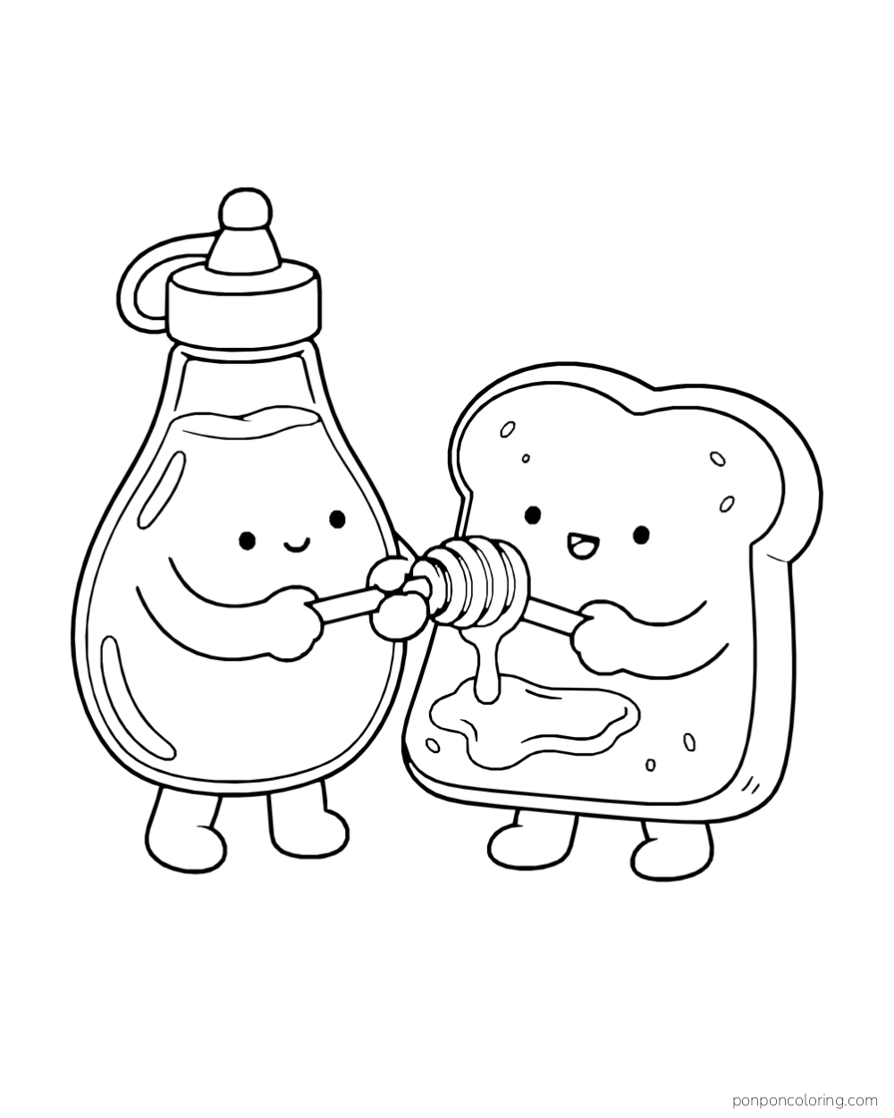 A honey bottle and a slice of toast hold a dipper as honey drips onto the toast.