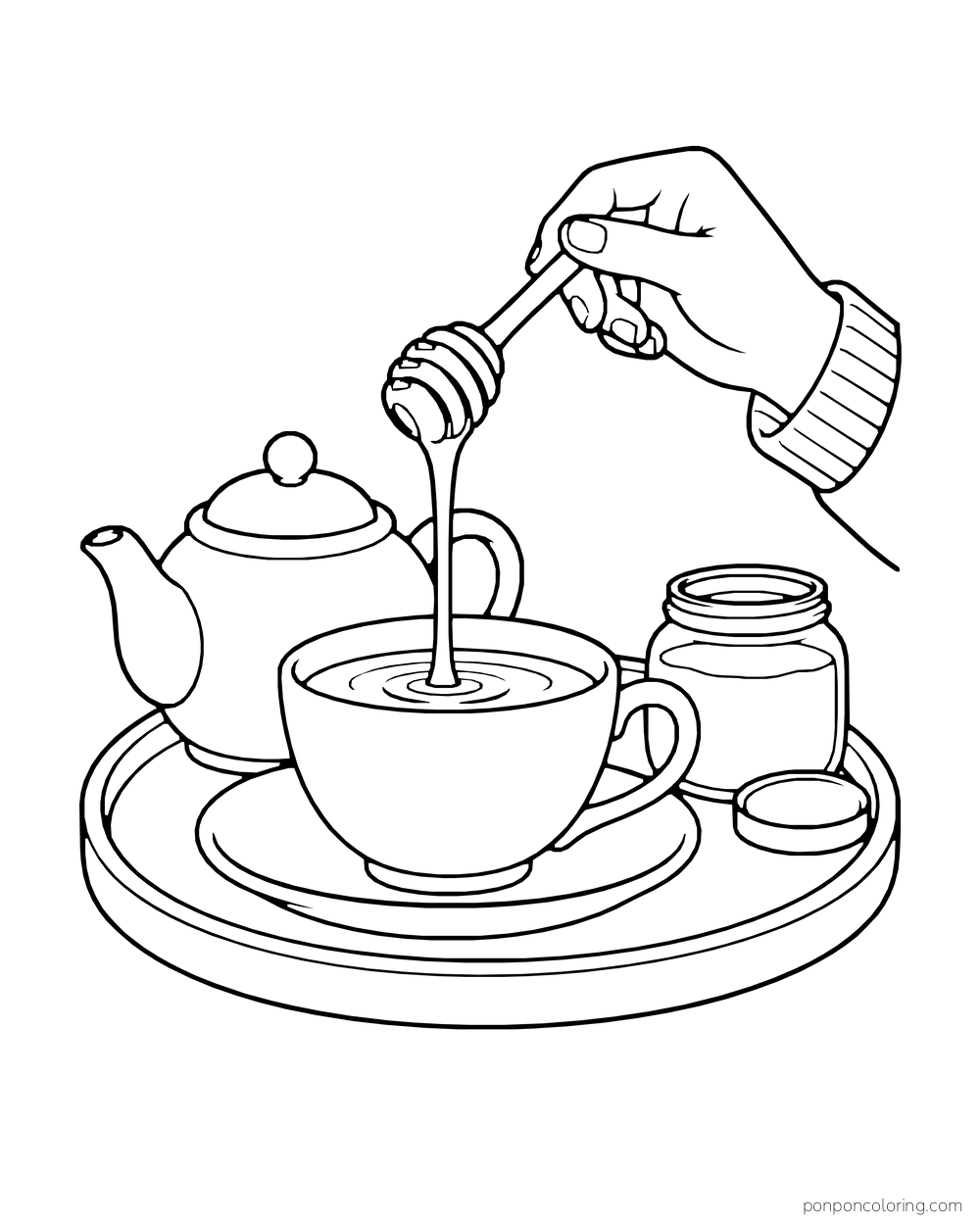 Hand holds a honey dipper above a cup while honey runs into the tea.