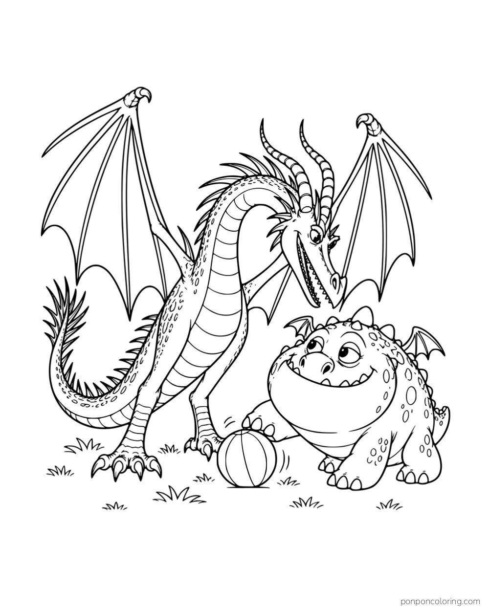 Hookfang and Meatlug playing with a ball between them.