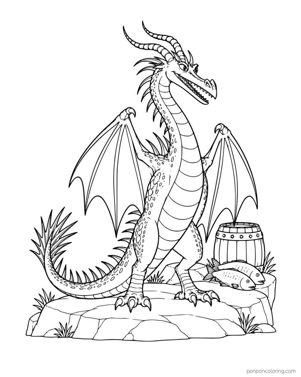 Hookfang standing on a rocky ledge beside a fish and a barrel.