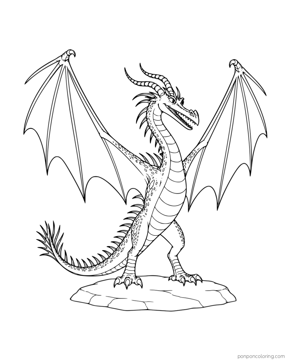 Hookfang spreading his large wings while standing on a flat rock.