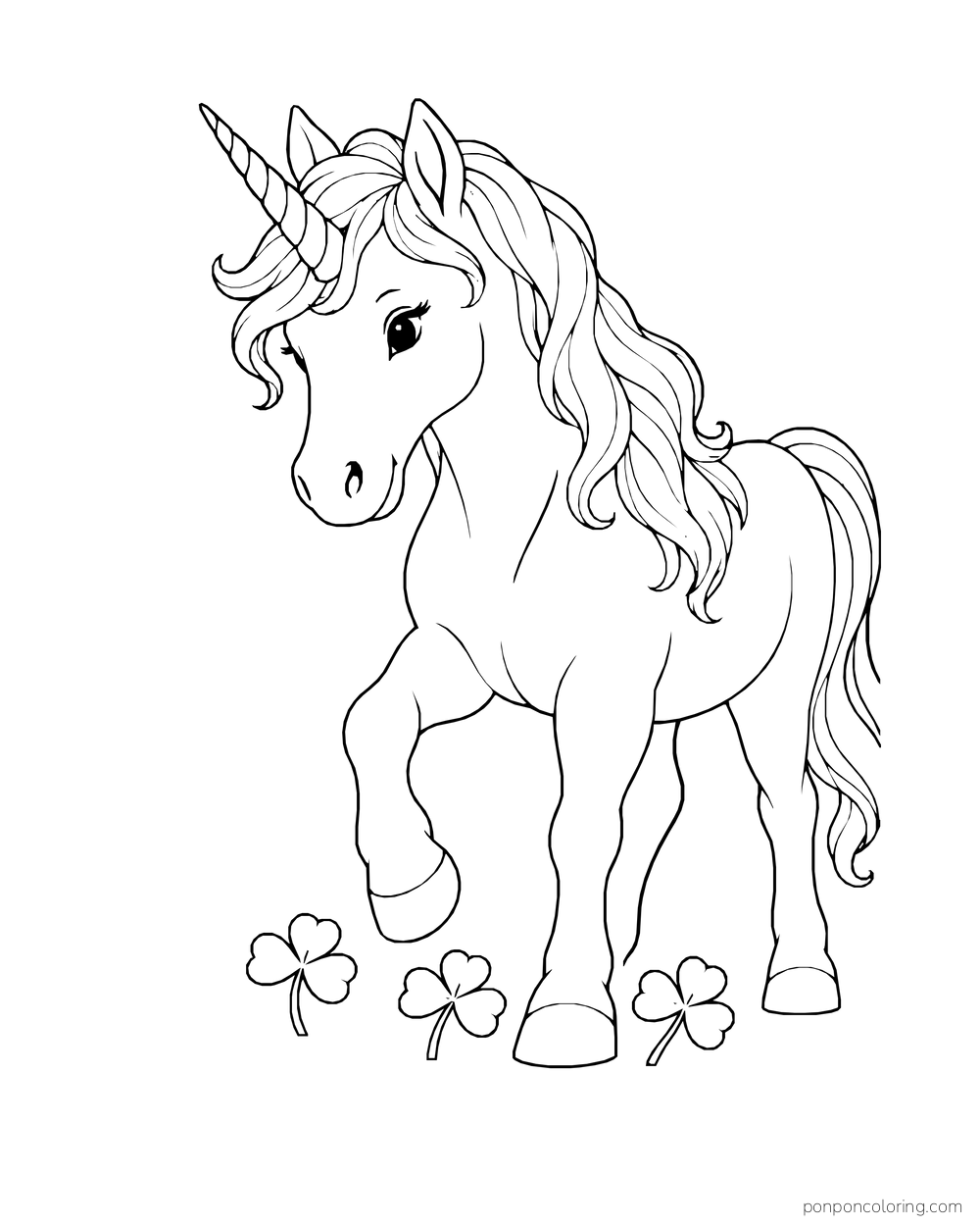 A unicorn steps near small clover leaves, with its mane and hooves in clear view.