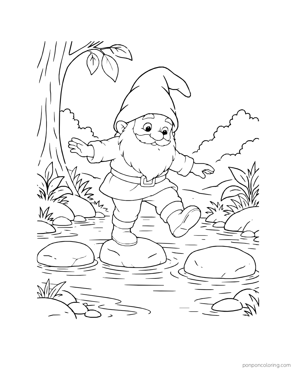 Gnome balancing between stepping stones in a shallow creek with both arms spread.