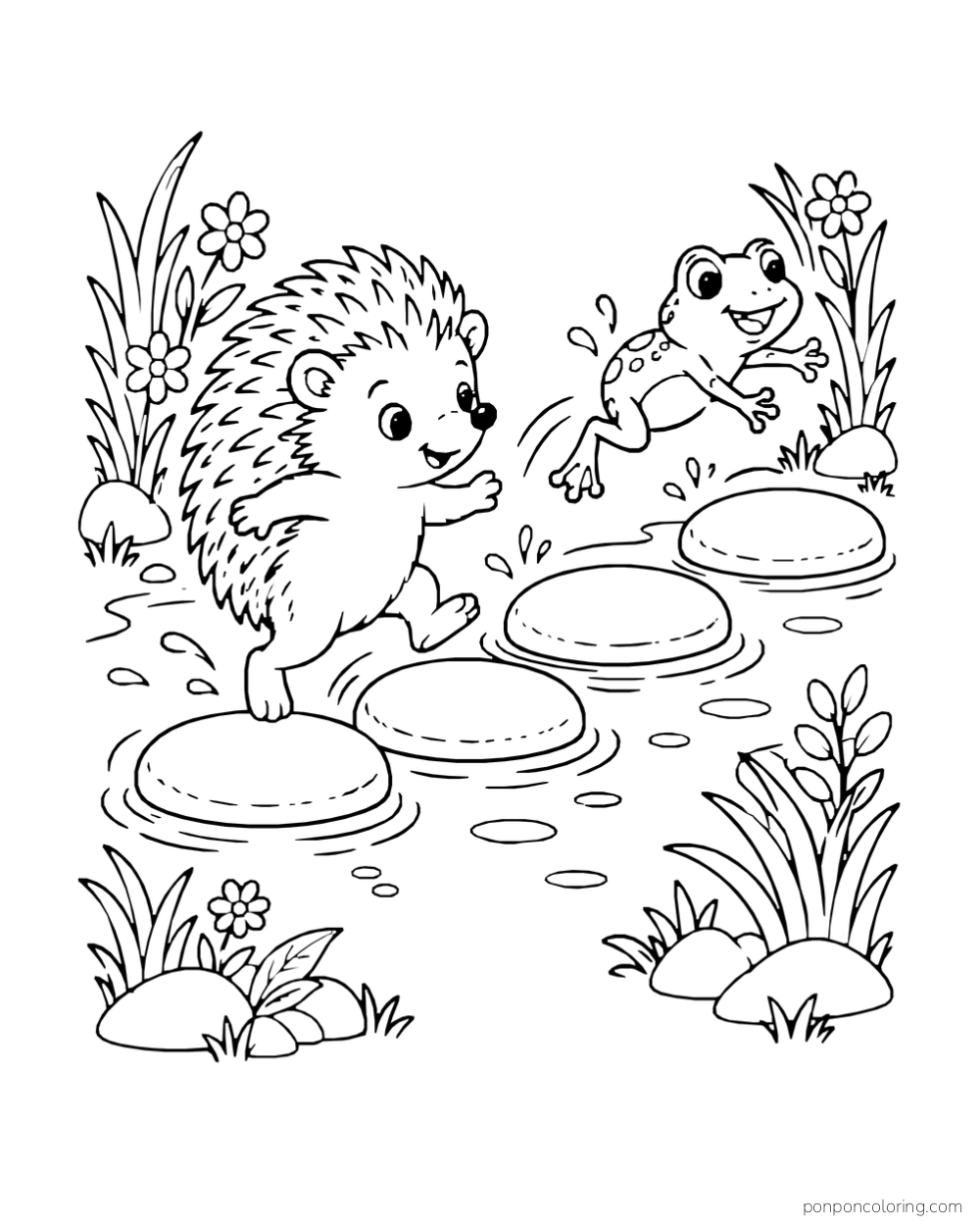 A hedgehog and frog hop over four flat stepping stones through shallow water.