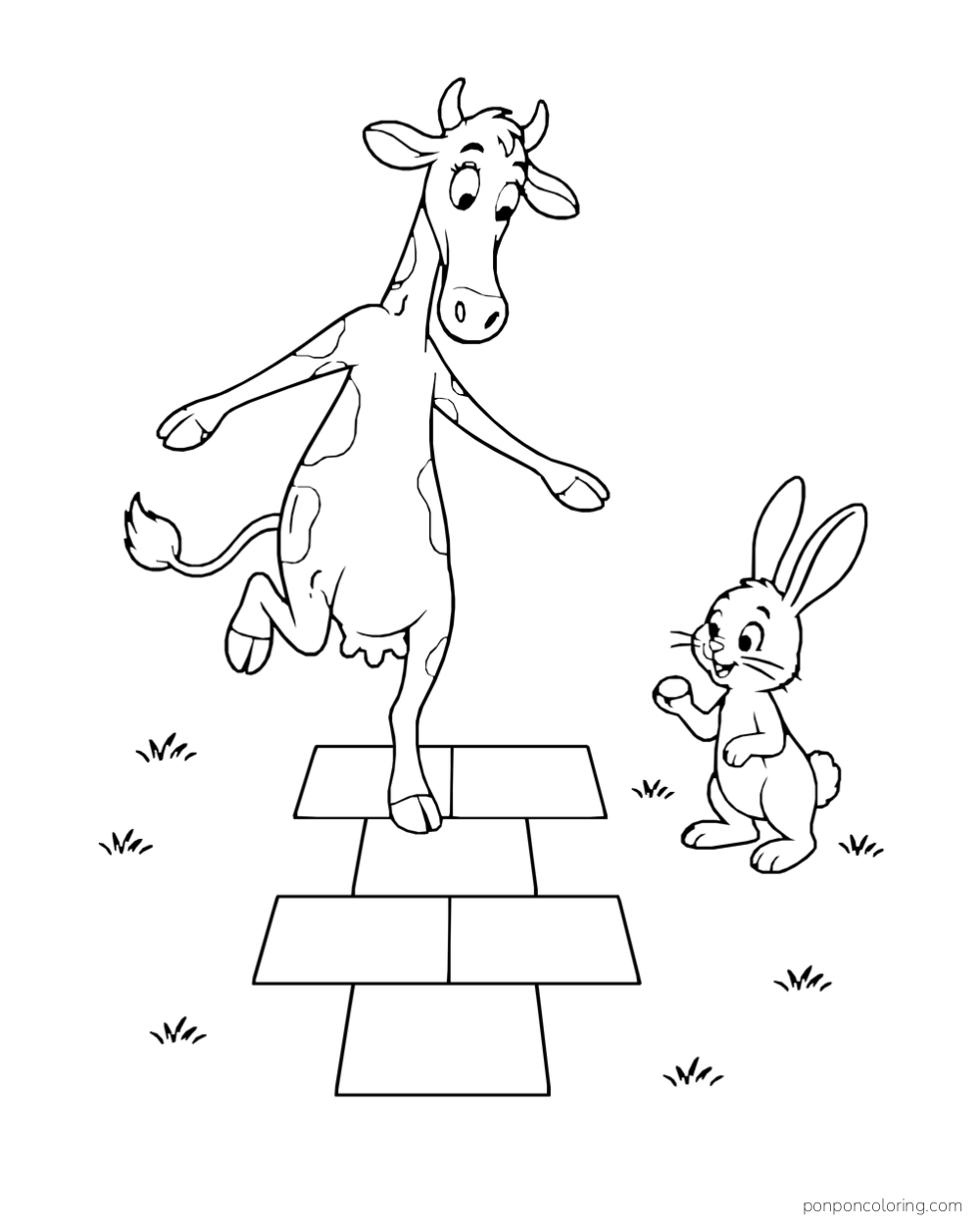 A cow hops over hopscotch squares while a rabbit watches.