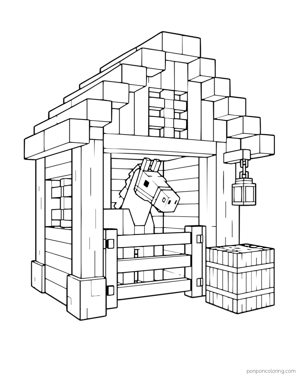 A horse looks over the gate of a complete wooden stable beside a hay block.
