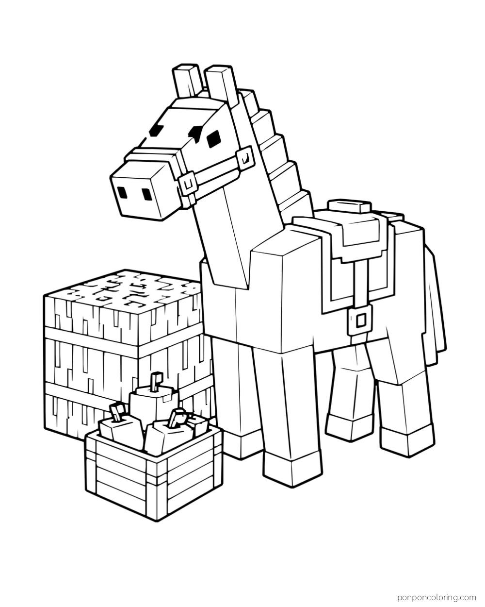 A saddled Minecraft horse stands beside a hay block and a basket of apples.
