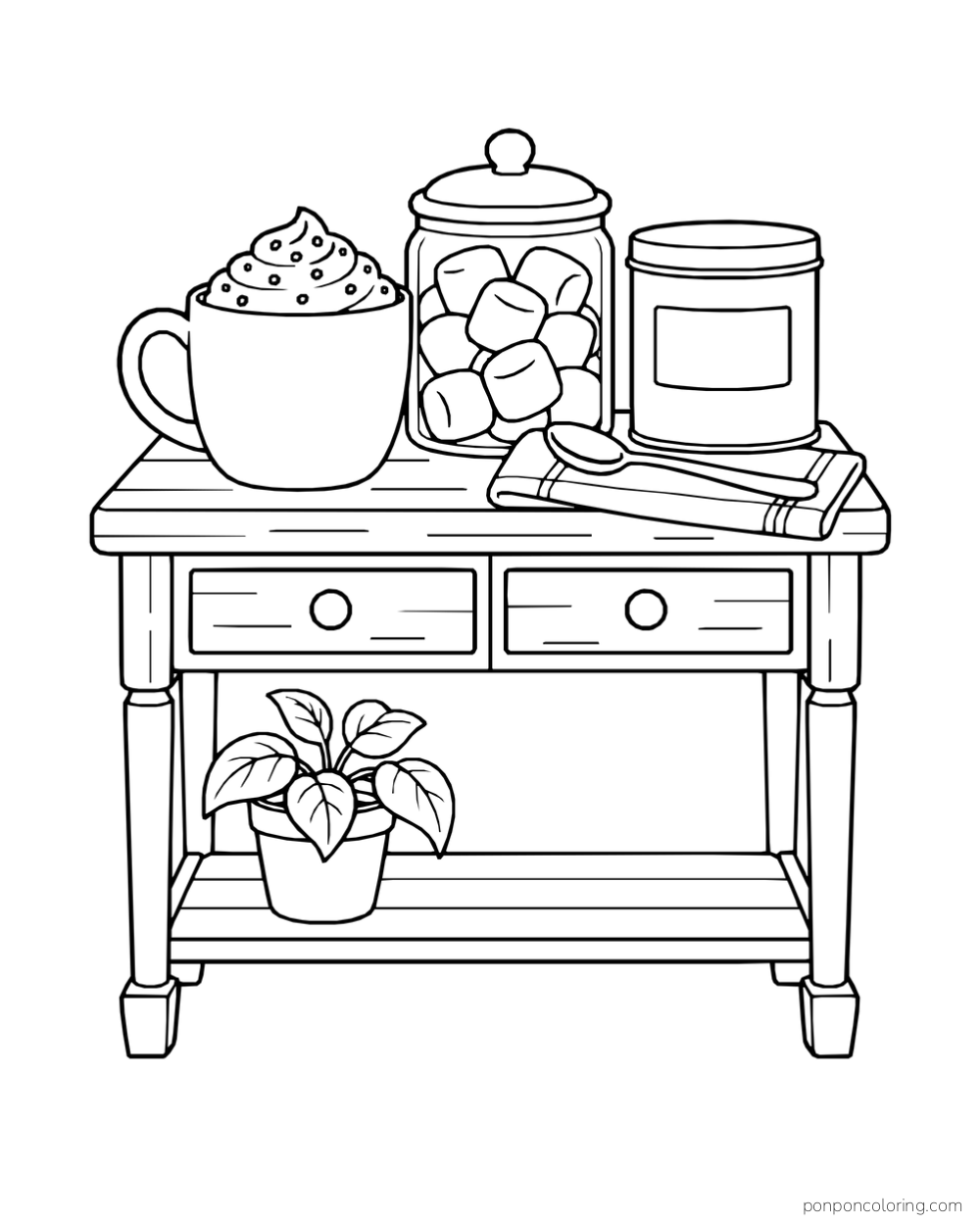A console table with two drawers holds a whipped-cream mug, marshmallow jar, blank-labeled tin, and spoon on a cloth, with a plant below.