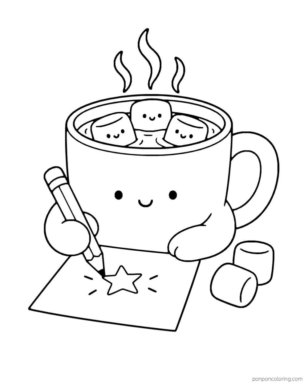 A mug of hot cocoa draws a star while marshmallows float in the drink.