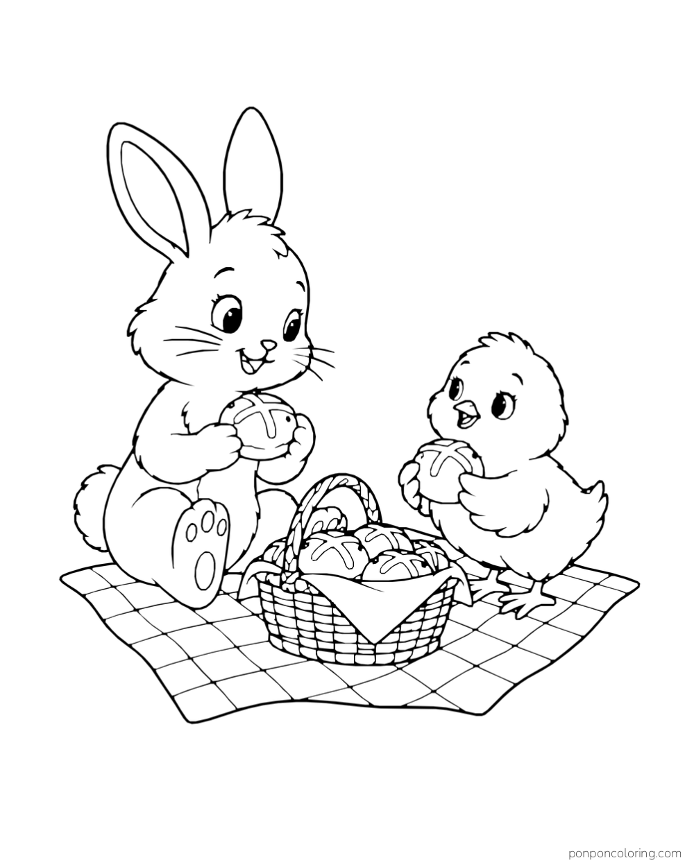 A rabbit and chick share hot cross buns on a checked picnic blanket beside a basket of buns.
