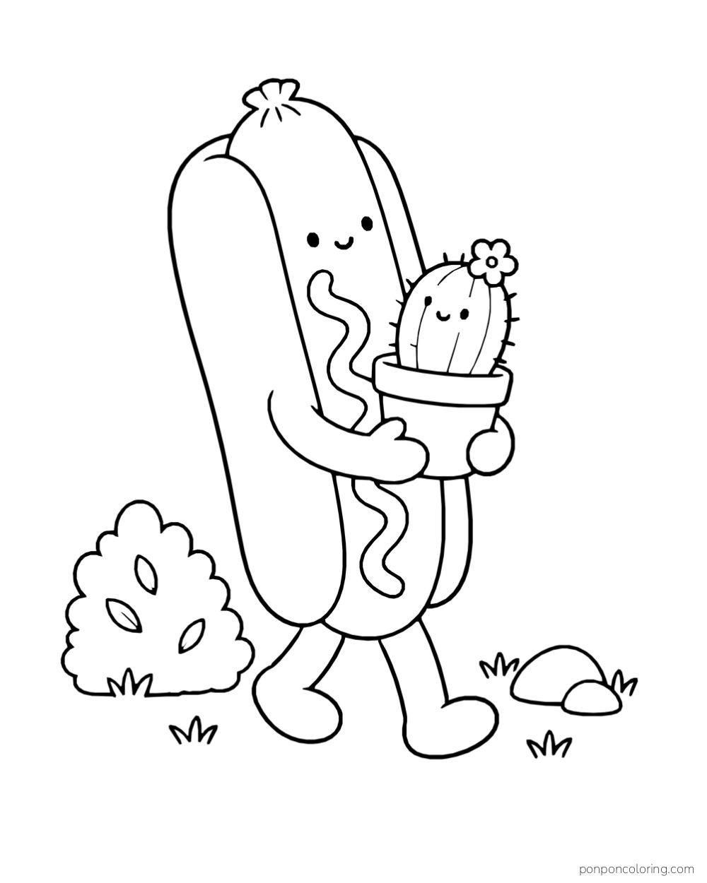 A hot dog holds a smiling potted cactus beside a small shrub and rocks.