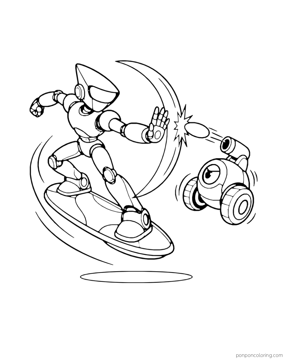 Hoverboard robot deflects a shot from a rogue rolling cannon.