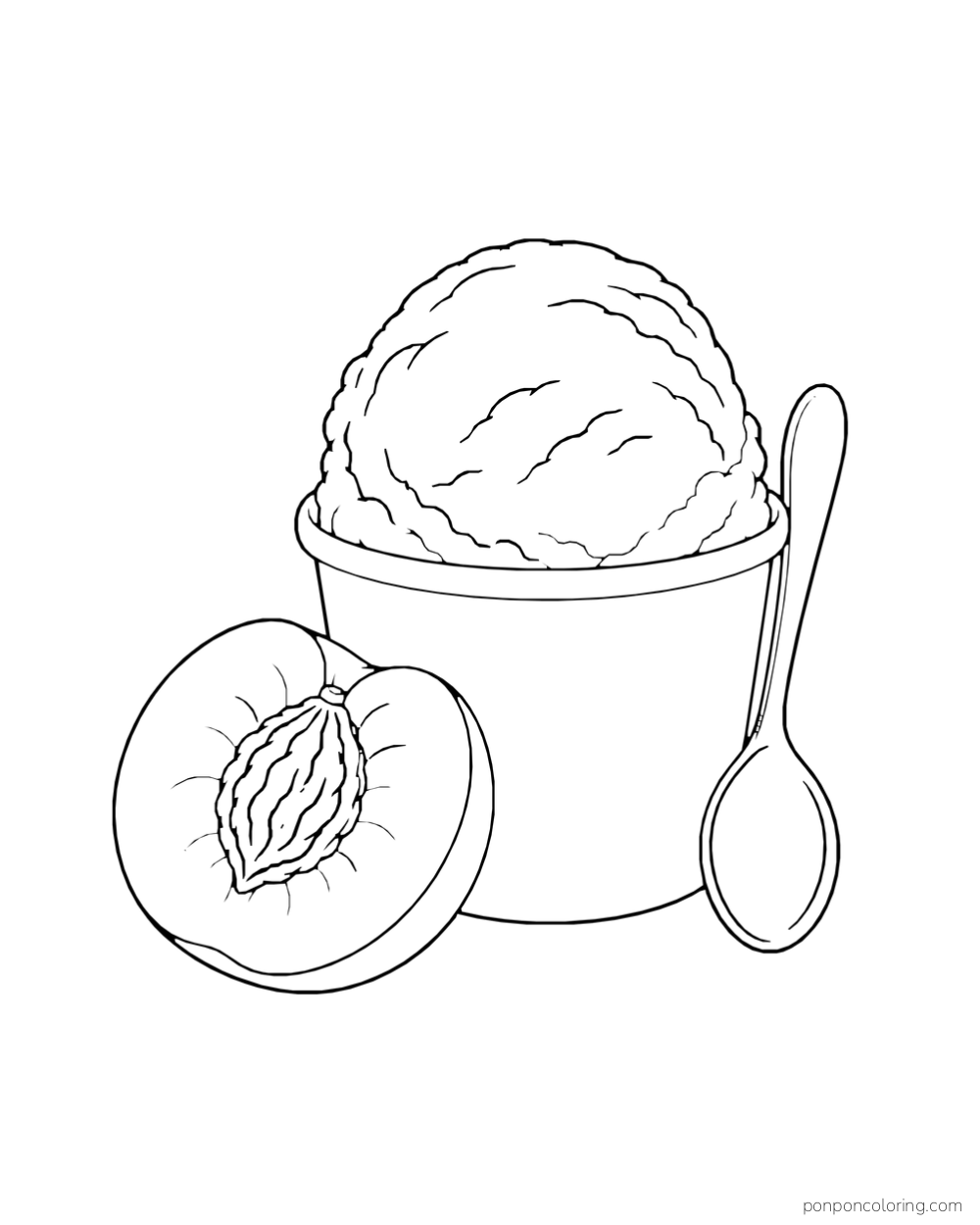 Single ice cream scoop in a cup beside a cut peach half and spoon.