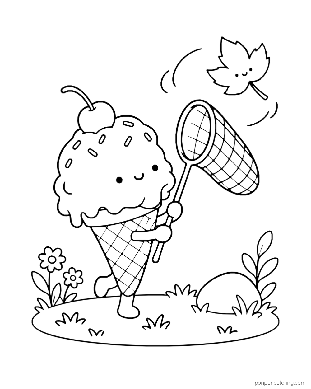 An ice cream cone holds a net beneath a falling leaf on a small grassy patch.