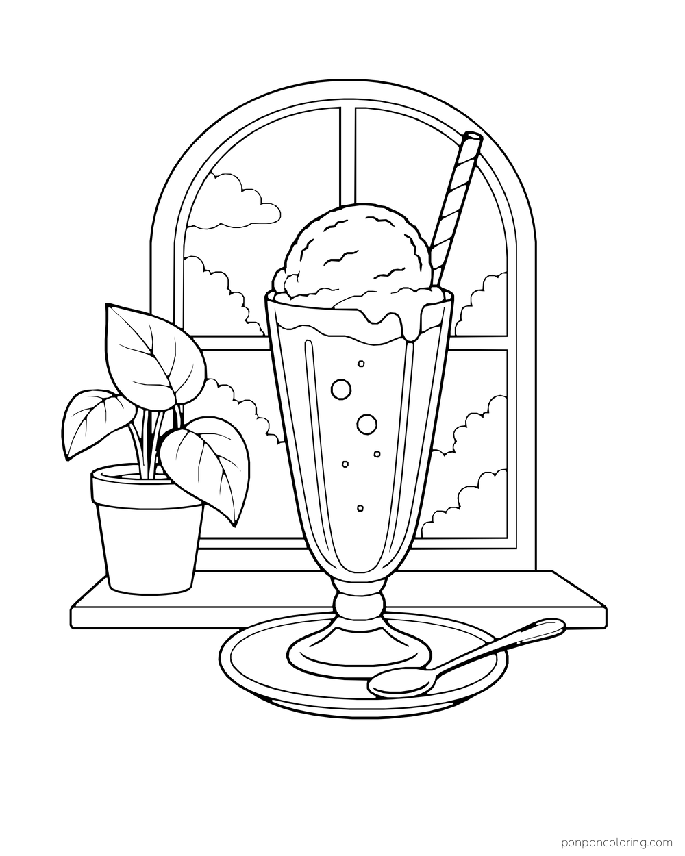 A tall ice cream float with a striped straw sits on a windowsill beside potted leaves and a spoon.
