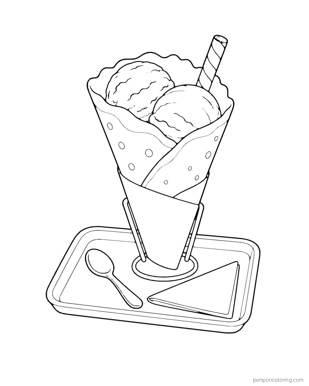 Ice cream scoops fill a folded crepe in a stand on a tray beside a spoon and napkin.