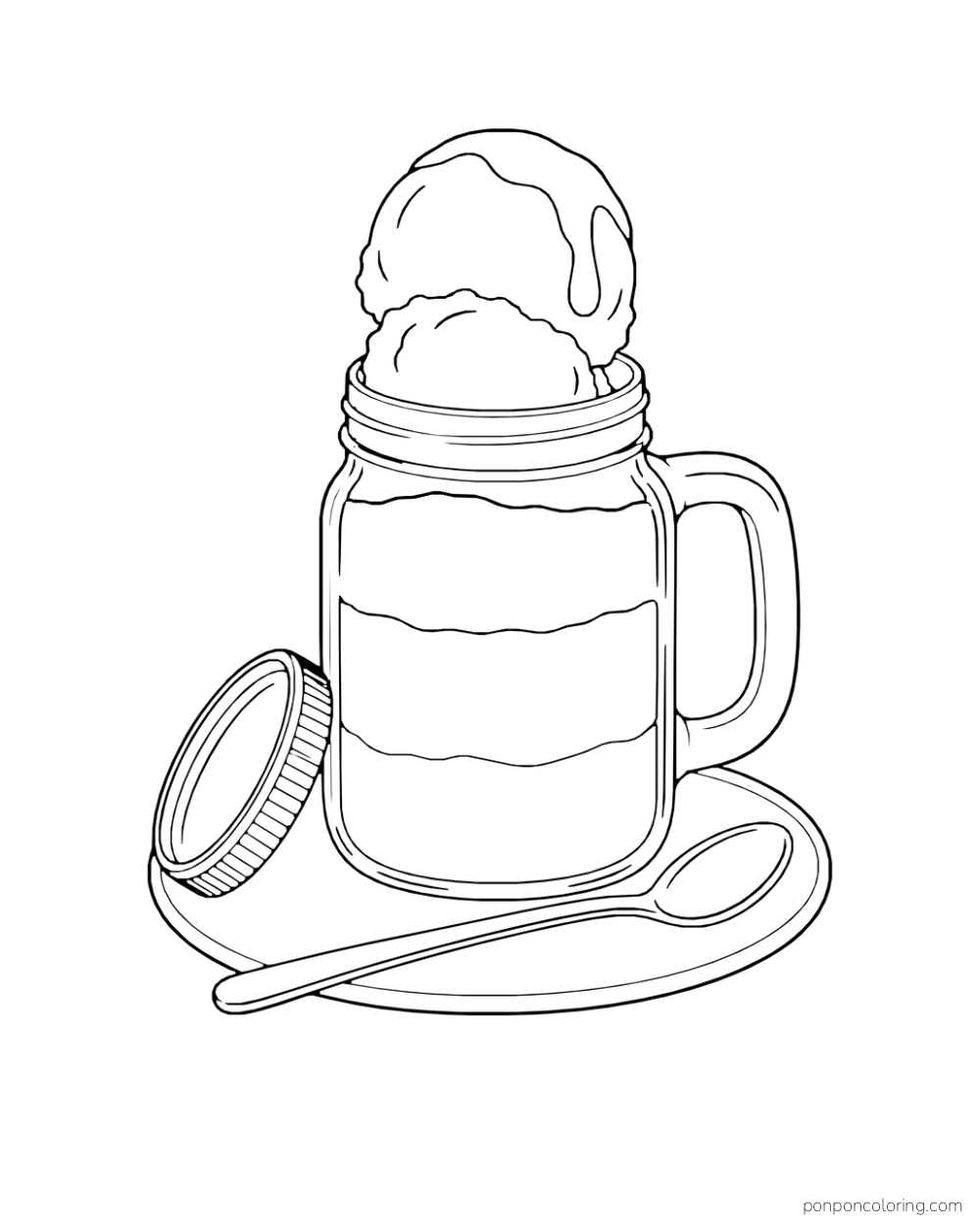 Two scoops sit in a mason jar on a saucer with its lid and a spoon nearby.