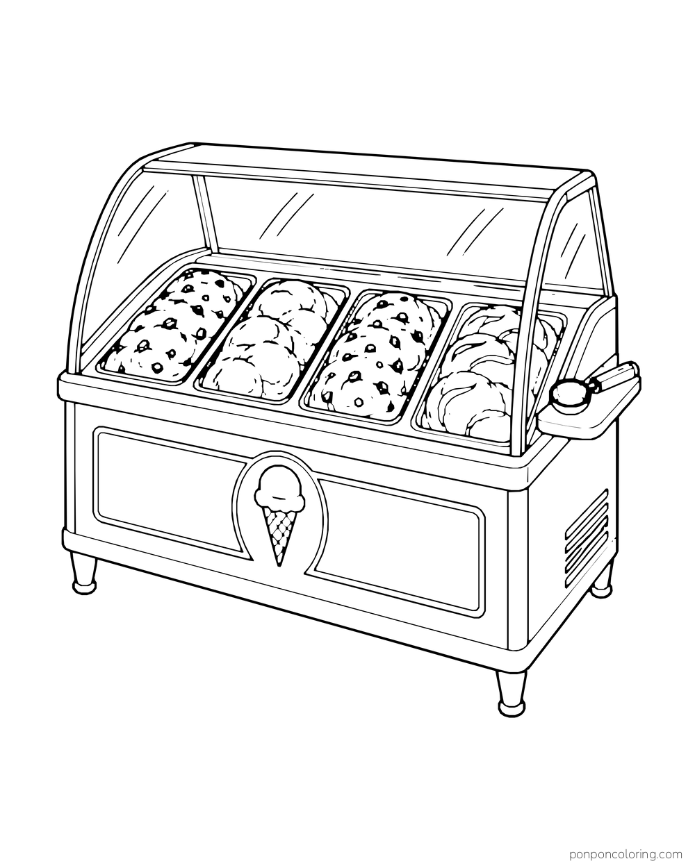 Four open ice cream tubs sit inside a curved-glass display case with a scoop on a side tray.