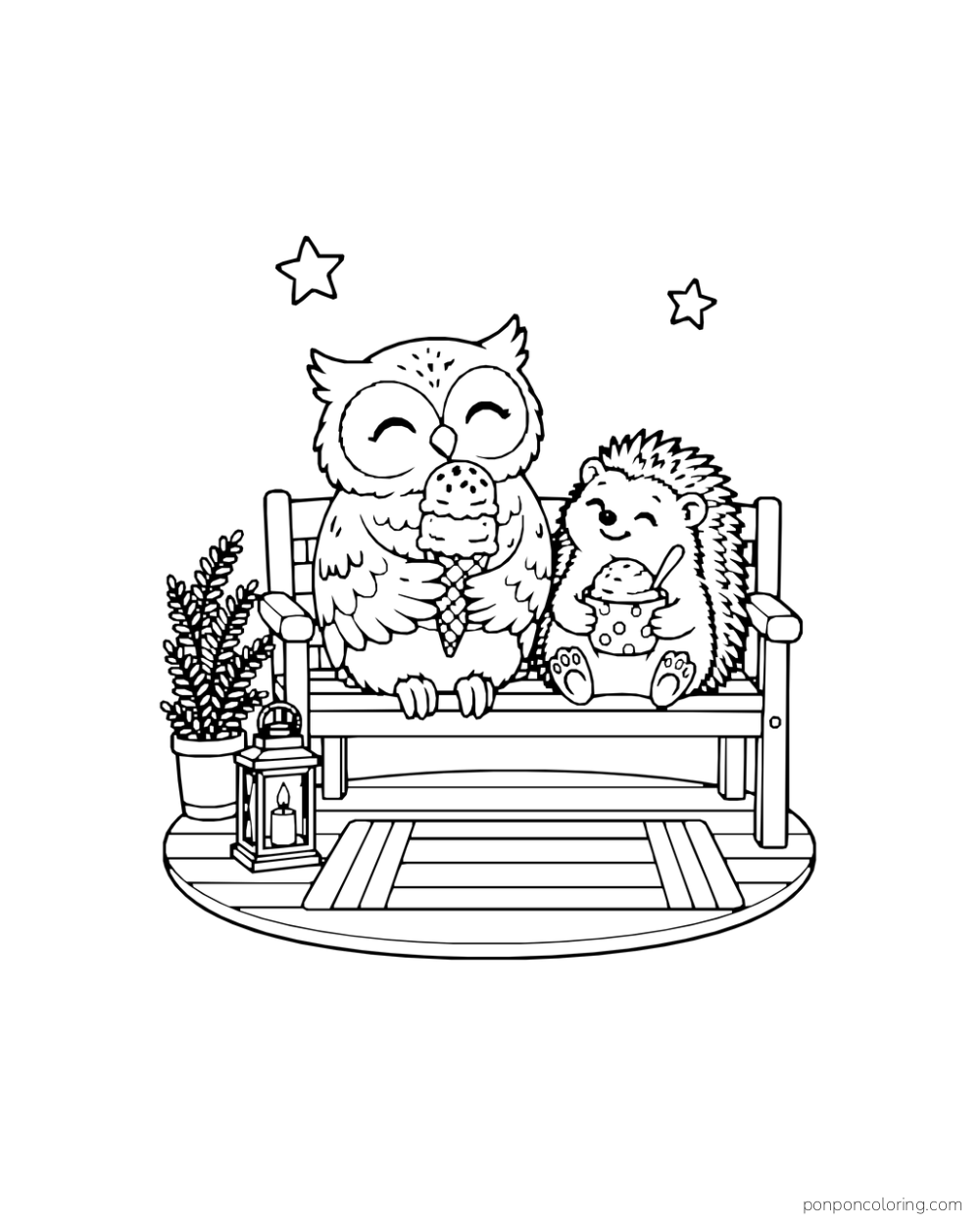 An owl and a hedgehog sit on a porch platform with an ice cream cone, a cup, and a lantern.