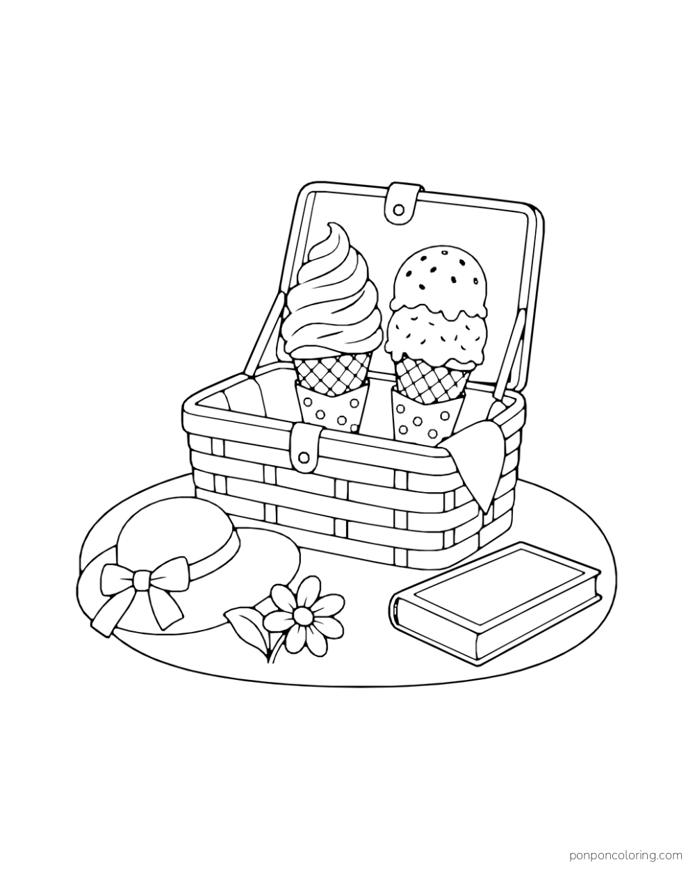 An open picnic basket holds a soft-serve cone and double-scoop cone beside a sunhat, flower, and closed book.